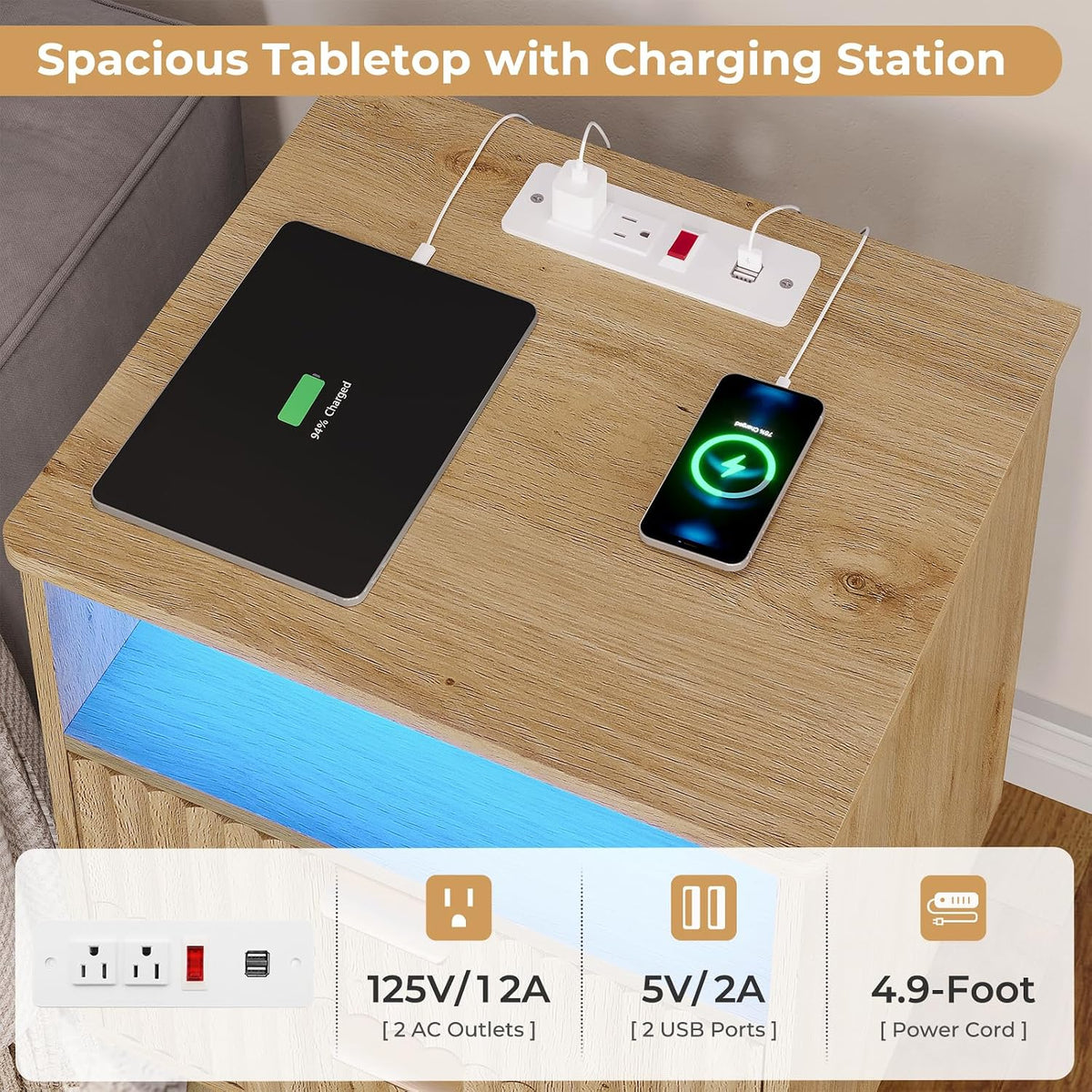 VIAGDO Fluted Nightstand with Charging Station and LED Lights, Modern Night Stand with 2 Drawers and Open Storage Cabinet, Bed Side Table with Gold Metal Handle for Bedroom, Natural Oak