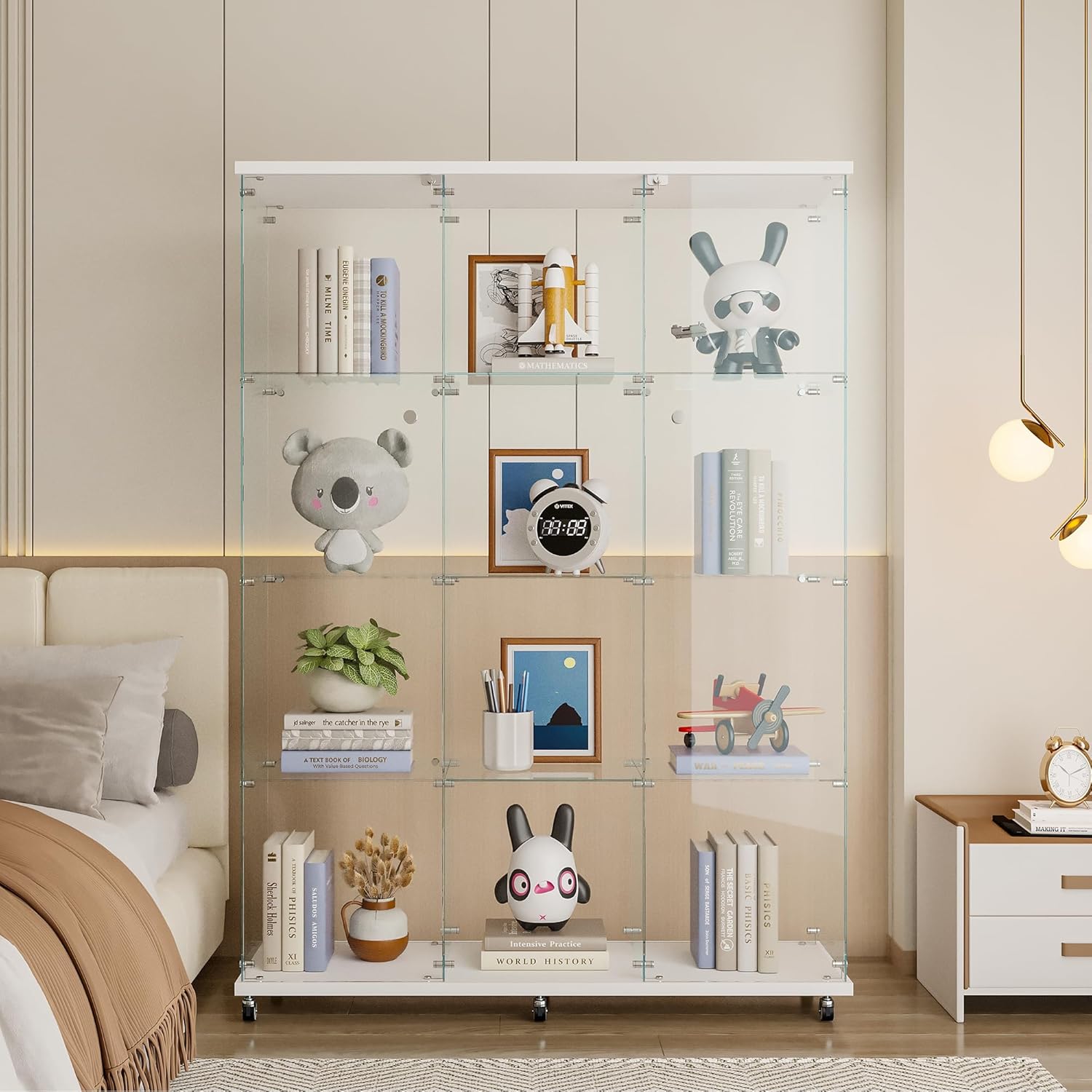 66.5" H 4-Shelf Extra Large Glass Display Cabinet with Double Doors,Modern Floor Standing Curio Cabinet Bookshelf Collection Display Case with Lockable Casters & Lock for Living Room (White)