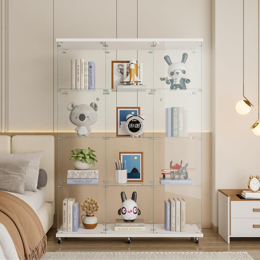 4 Shelves Glass Display Cabinet with 2 Doors Extra Large Display Case Curio Cabinets with Whees & Lock,Glass Bookshelf Storage Collection Display Case for Living Room,47.71"W x 14.37" D x 66.53"H