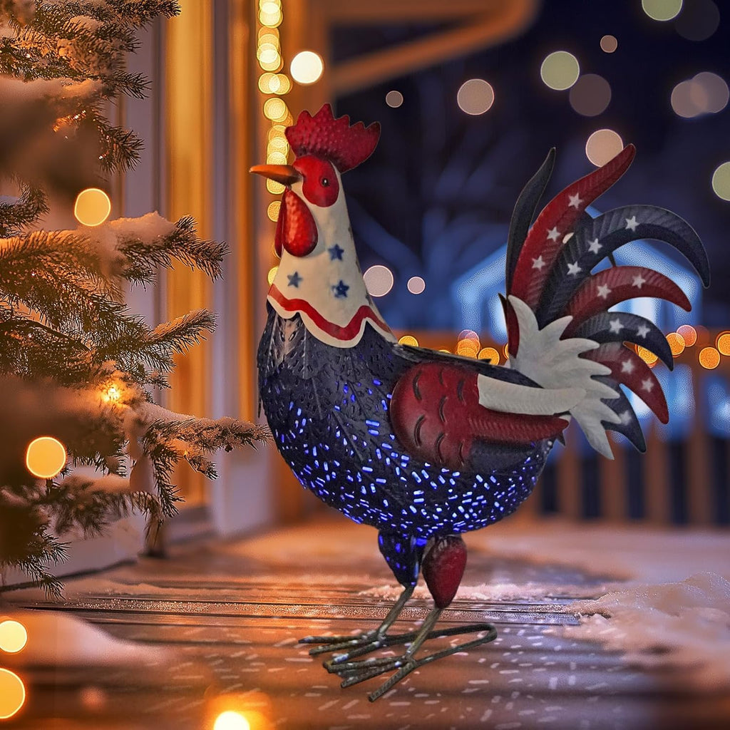 LIFFY Metal Rooster Yard Decor,18" Solar Powered Chicken Sculpture with Patriotic Flag, Weather-Resistant Garden Statue Outdoor for Garden, Patio, Lawn, Backyard