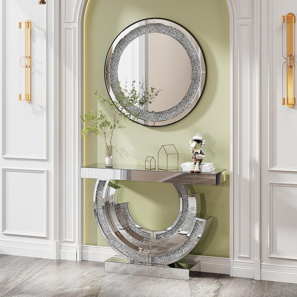 Silver Mirrored Console Table, 43" Modern Entryway Table with Crushed Diamond lnlay, 3C-Shaped Shiny Mirrored Sofa Table Behind Couch Foyer Hallway Tables for Living Room Entrance