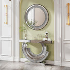 Silver Mirrored Console Table, 43" Modern Entryway Table with Crushed Diamond lnlay, 3C-Shaped Shiny Mirrored Sofa Table Behind Couch Foyer Hallway Tables for Living Room Entrance