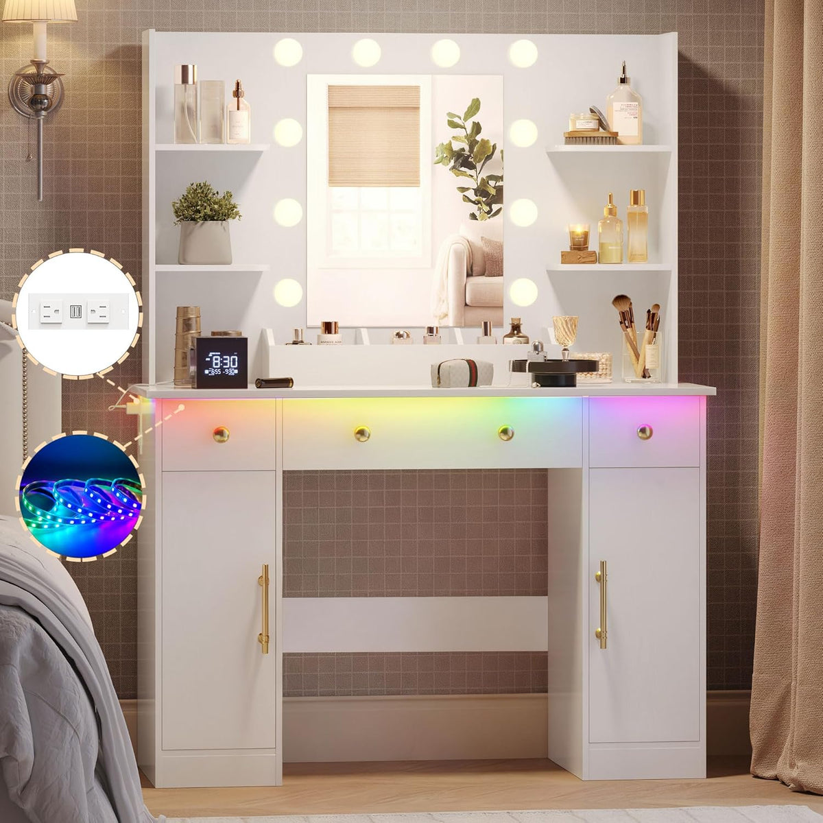Wodeer Makeup Vanity Desk with Mirror and Lights, 43" White Vanity Set with 3 Drawers, Power Outlet & Adjustable RGB LED Lights, Dressing Table with Storage Shelf for Women & Girls Bedroom