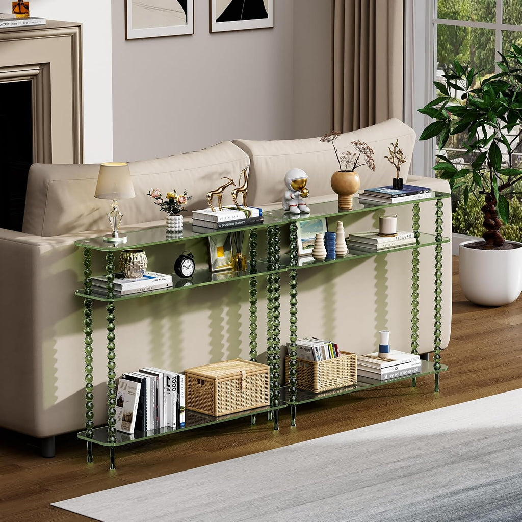 Acrylic Console Table Narrow, 3 Tier Long Entryway Table with Storage, Mid-Century Modern Sofa Table Entry Table for Living Room, Hallway (Green, 39.4“×9.4”×35.4“)