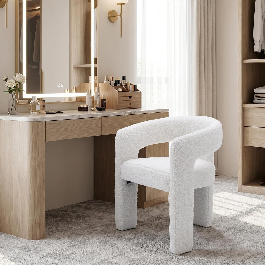HNY Modern Barrel Kitchen & Dining Room Chair, Sherpa Upholstered Accent Chair with Arm, 18.5'' Wide Side Armchairs Vanity Chairs for Living Room Bedroom Makeup Small Spaces, White