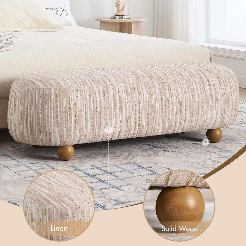 Hyfirm 54" Oatmeal Linen Upholstered Bench – Beige End of Bed Ottoman with Round Solid Wood Legs, Long Oval Footstool for Entryway & Hallway, Padded Seat (No Back)