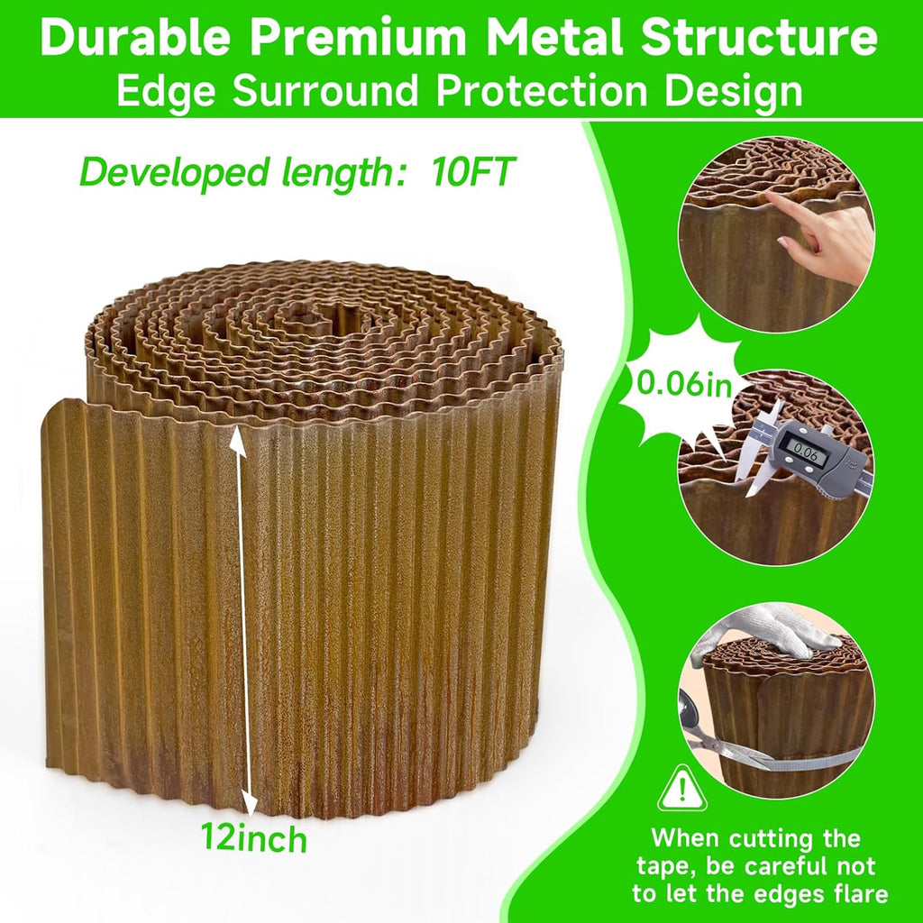 Corrugated Garden Edging, 12"×10Ft Pre-Rusted Landscape Edging & Lawn Edging Border, Metal Garden Border for Flower Beds, Garden，Lawn，Raised Beds & Tree Surrounds