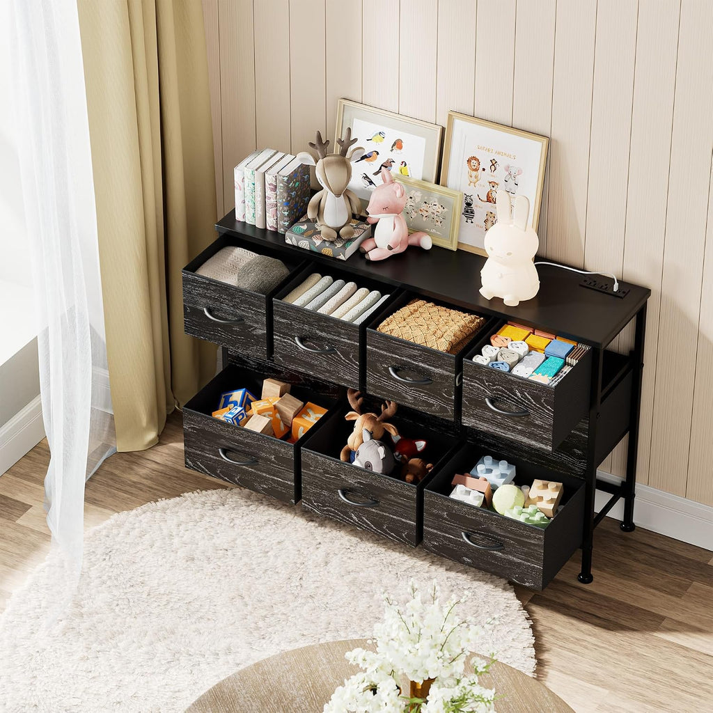 YaFiti TV Stand for Bedroom, Black Wood Veins | Dresser with 10 Fabric Drawers, Power Outlet