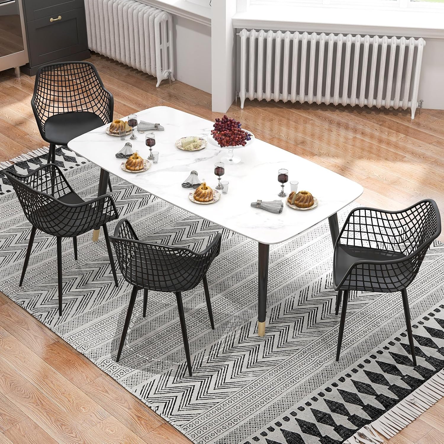 GOFLAME Dining Chairs Set of 4, Plastic Kitchen Chairs with Metal Legs, Hollowed Backrest and Curved Seat, Modern Accent Chairs, Armless Side Chairs for Living Room, Dining Room, Bedroom, Black