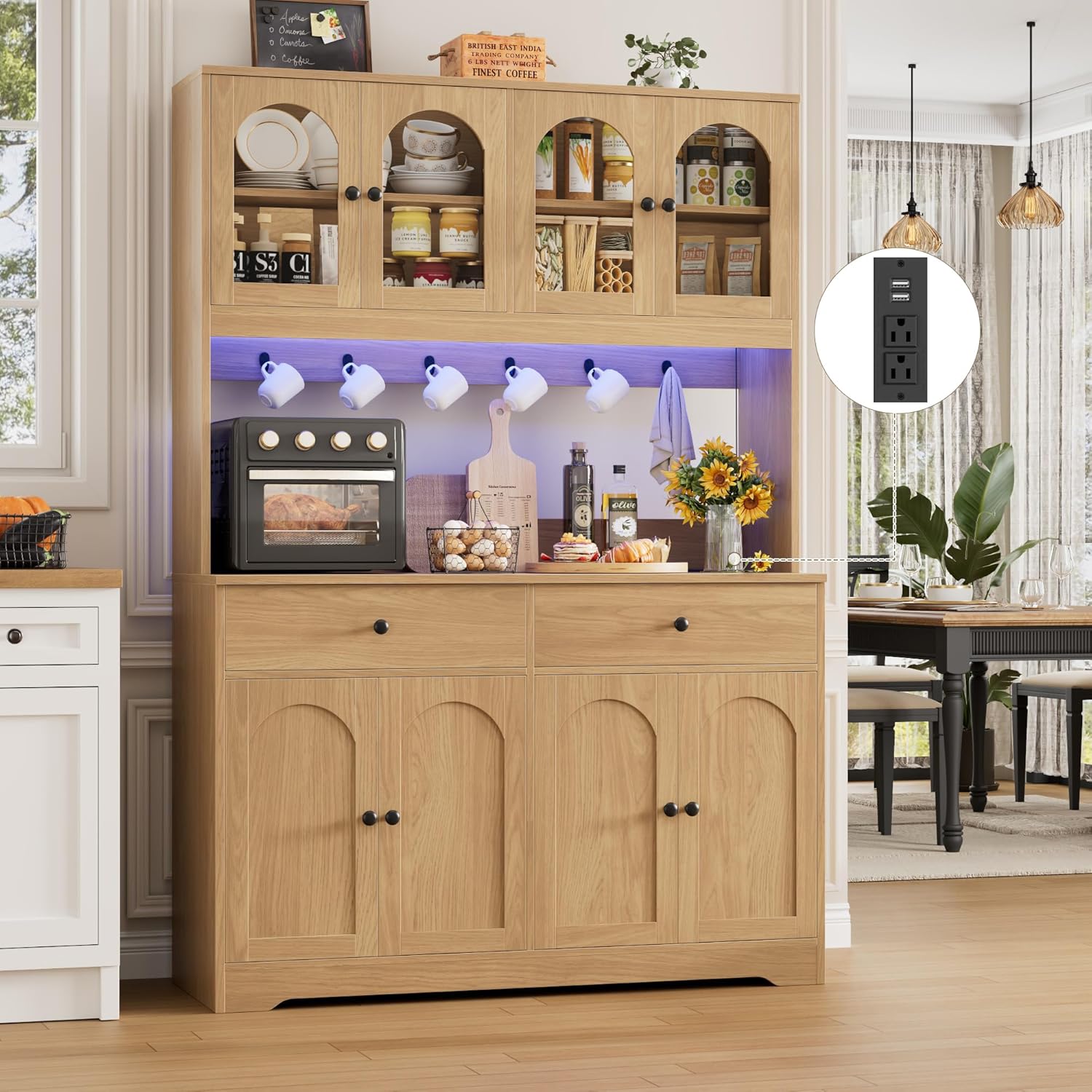 HIFIT 71" LED Kitchen Pantry Cabinet with Power Outlet, Large Kitchen Hutch Storage Cabinet with Arched Door & Shelves & 2 Drawers, Tall Modern Coffee Bar w/Hutch for Home Dining Living Room, Natural