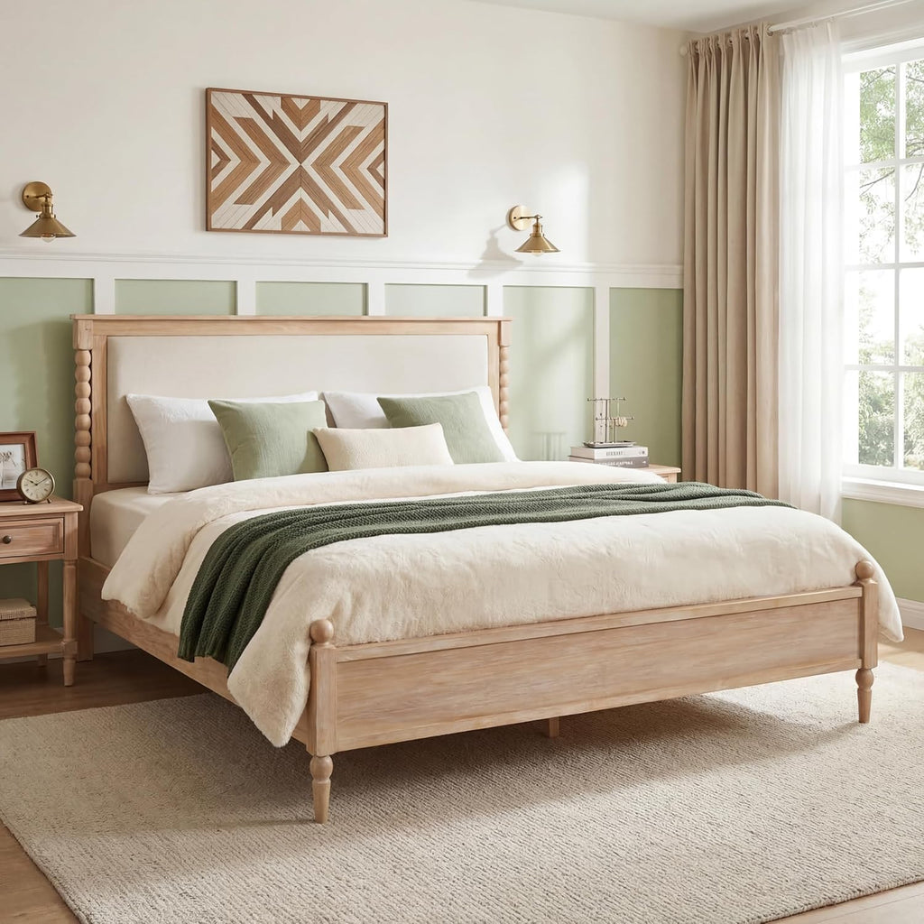 Merax Queen Size Solid Wood Platform Bed Frame, Upholstered Headboard & Classic Spindle & with Fabric Panel, No Box Spring Needed, 500 lbs Capacity Timeless Traditional for Bedroom, Natural
