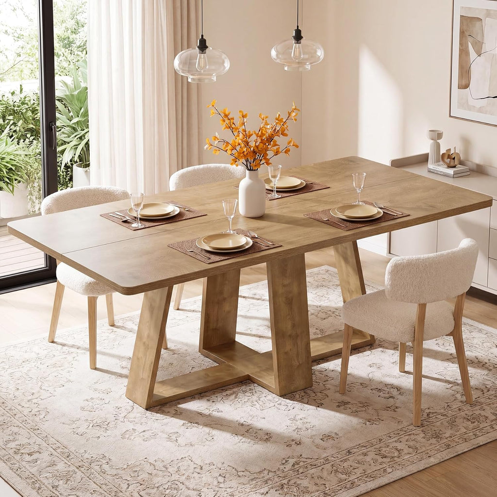 Tribesigns 63-Inch Dining Table, Farmhouse Kitchen Table with Wooden Pedestal, Rectangle Dinner Table for Kitchen, Dining Room, Small Space, Rustic Brown, Capacity 4-6