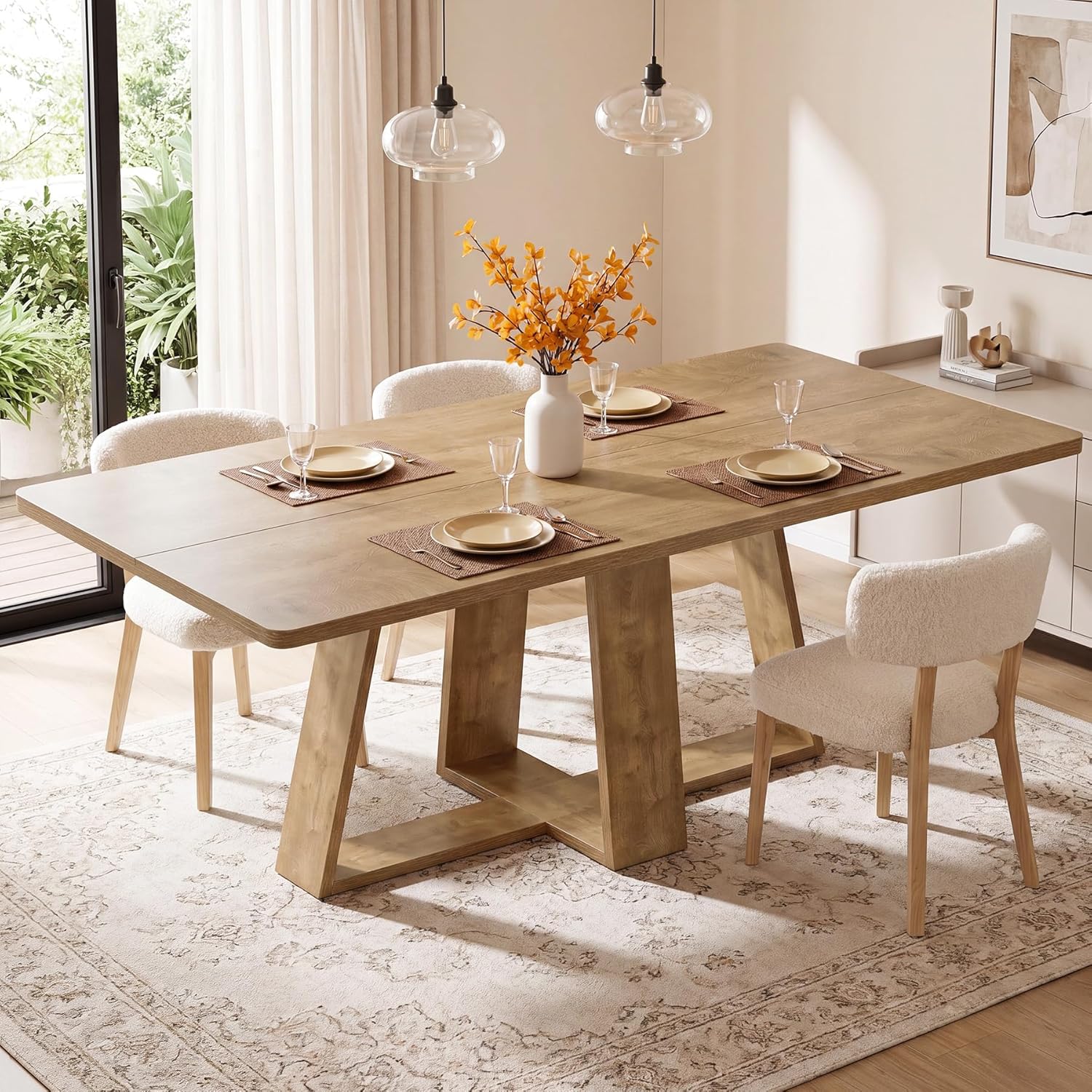 Tribesigns 63-Inch Dining Table, Farmhouse Kitchen Table with Wooden Pedestal, Rectangle Dinner Table for Kitchen, Dining Room, Small Space, Rustic Brown, Capacity 4-6