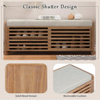 Ball & Cast Entryway Storage Bench with Shutter Doors, 43.3" Wooden Shoes Organizer, Modern Movable Upholstered Seat Entryway Shoe Rack Cabinet for Hallway Living Room, Natural White