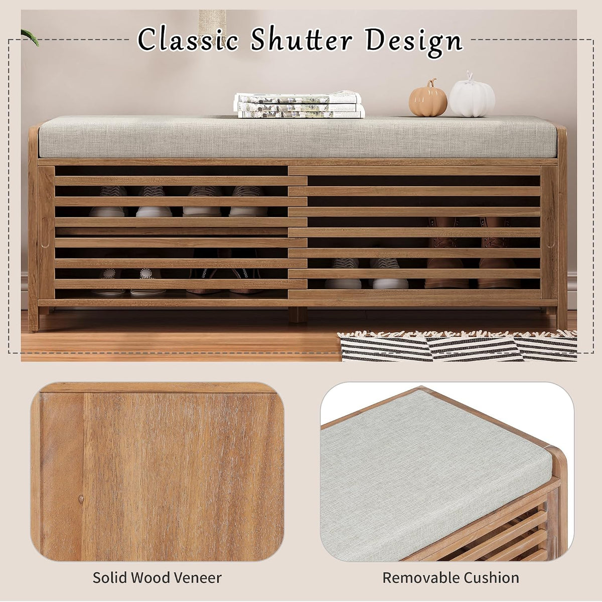 Ball & Cast Entryway Storage Bench with Shutter Doors, 43.3" Wooden Shoes Organizer, Modern Movable Upholstered Seat Entryway Shoe Rack Cabinet for Hallway Living Room, Natural White