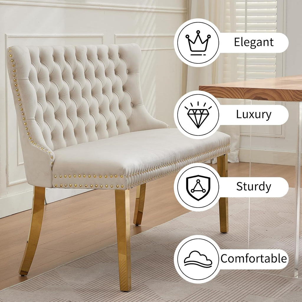 Beige Velvet Dining Bench with Back, Tufted Banquette Seating, Gold Legs | Upholstered loveseat bench; tufted back; nailhead trim; 500 lb capacity; foam and spring seat; dining room or entryway