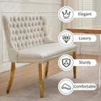 Beige Velvet Dining Bench with Back, Tufted Banquette Seating, Gold Legs | Upholstered loveseat bench; tufted back; nailhead trim; 500 lb capacity; foam and spring seat; dining room or entryway