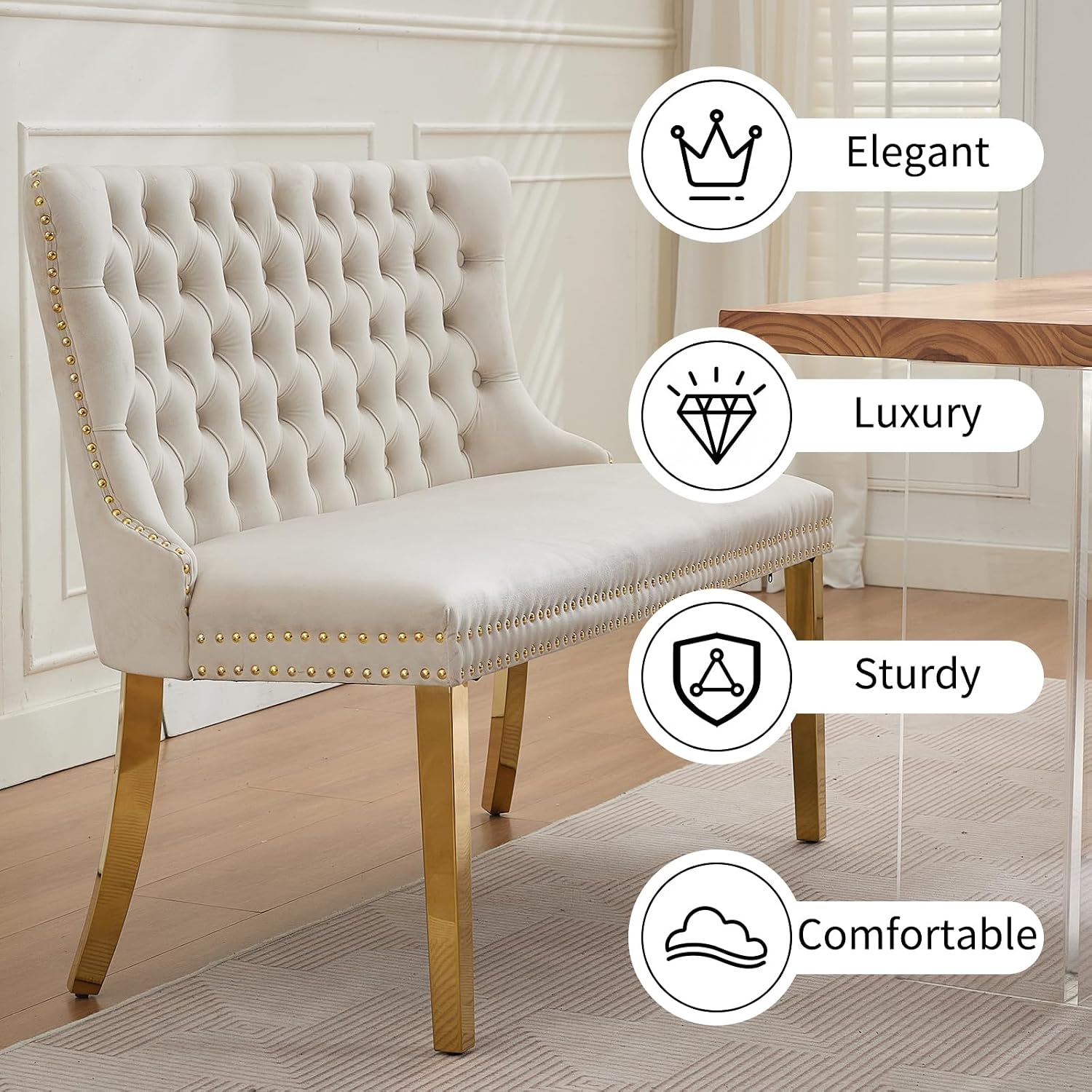 Beige Velvet Dining Bench with Back, Tufted Banquette Seating, Gold Legs | Upholstered loveseat bench; tufted back; nailhead trim; 500 lb capacity; foam and spring seat; dining room or entryway