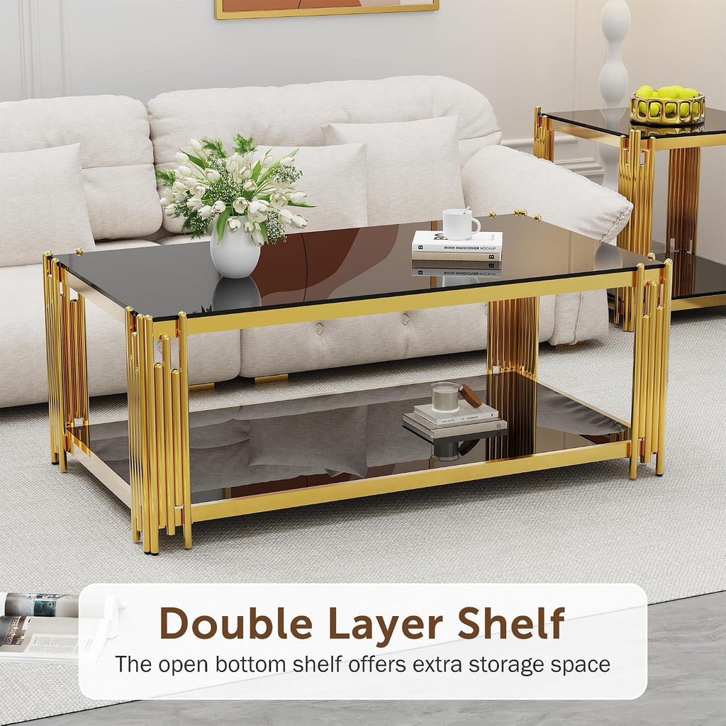 Glass Coffee Table Set of 3, End Table Modern Living Room Table Rectangle Clear Tempered Glass Stainless Steel Leg, Square Side Table for Home Furniture Set (Black, 43" Set of 3)