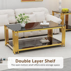 Glass Coffee Table Set of 3, End Table Modern Living Room Table Rectangle Clear Tempered Glass Stainless Steel Leg, Square Side Table for Home Furniture Set (Black, 43" Set of 3)