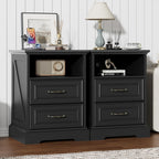 Nightstand with Charging Station,18" Wide End Table with 2 Large Drawers & Metal Handles,Rustic Farmhouse Wood Small Dresser,Bedside Table,Modern Chest of Drawers for Bedroom,Living Room,Black