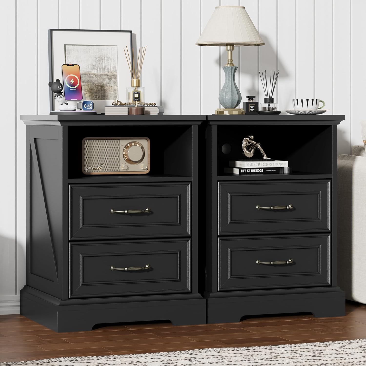 Nightstand with Charging Station,18" Wide End Table with 2 Large Drawers & Metal Handles,Rustic Farmhouse Wood Small Dresser,Bedside Table,Modern Chest of Drawers for Bedroom,Living Room,Black