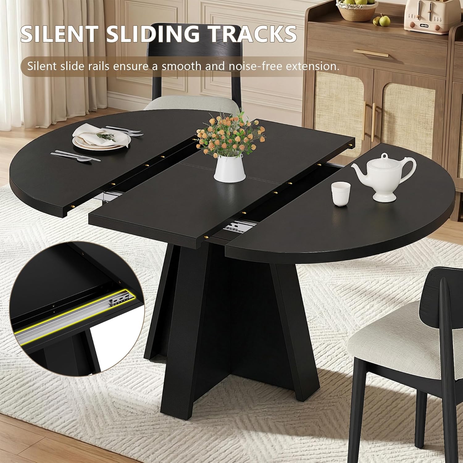 Einhomn 43"-59" Extendable Dining Room Table for 4-8 People, Oval Dining Table with Removable Leaves Space Saving, Round Expandable Kitchen Table for Dining Room Kitchen Living Room, Black