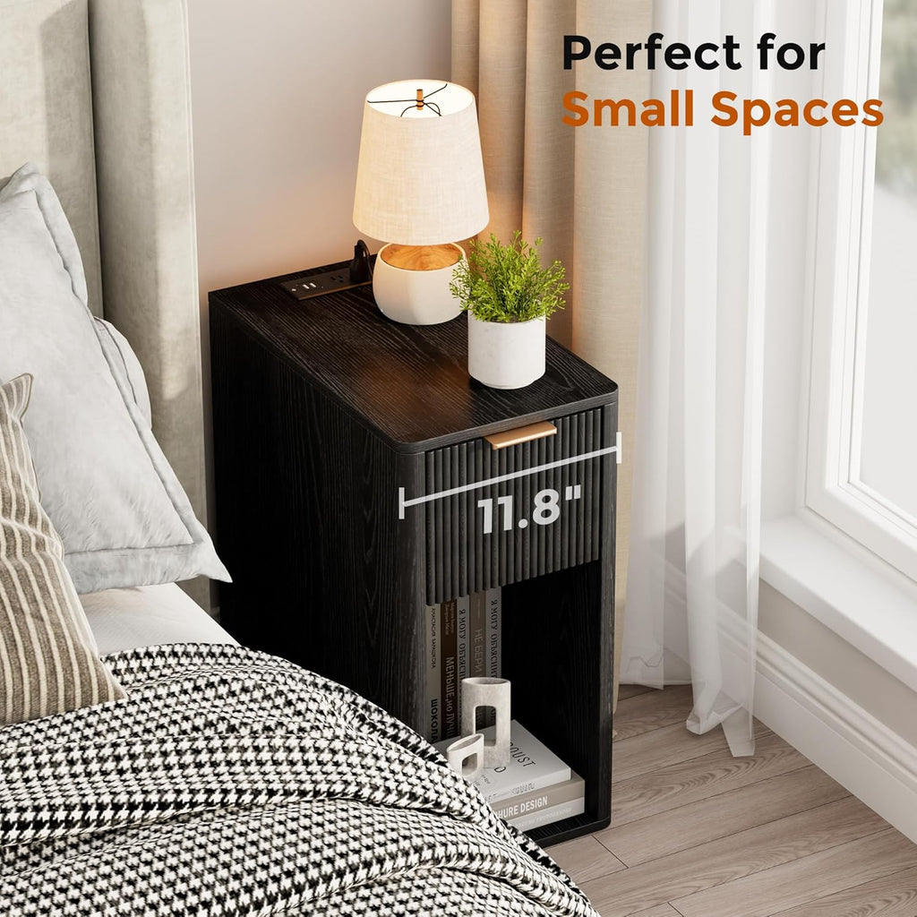 Homleke Narrow End Table with Fluted Drawer and Charging Station, Small Nightstand with USB Ports & Outlets, Bedside Table for Bedroom or Living Room, Modern Accent Table, Black