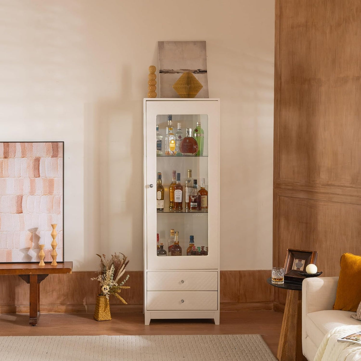 Freestanding Wine Cabinet, Upholstered Glass Door Bar Cabinet, 180° Viewing, 5-Color Ceiling Light, Adjustable Shelves, for Home or Dining Room, White