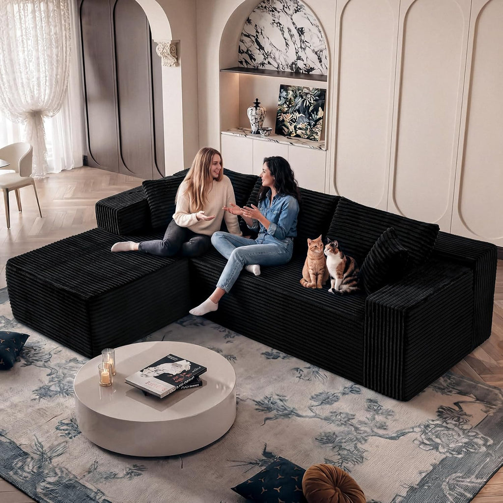 108” Modular Sectional Sofa, Right Facing Chaise (Sitting: Chaise on Your Right), Black Corduroy Cloud Couch, Deep Seat 5-Seater, Converts to Bed, No Assembly Required for Living Room