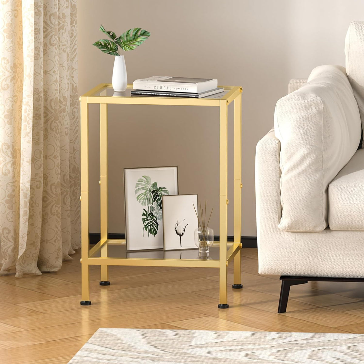 Glass Side Table, Tempered Glass End Table, 2-Tier Nightstands with Open Shelves, Small Coffee Table with Modern Style, Accent Table Small Table Sofa Table for Living Room, Bedroom,Gold