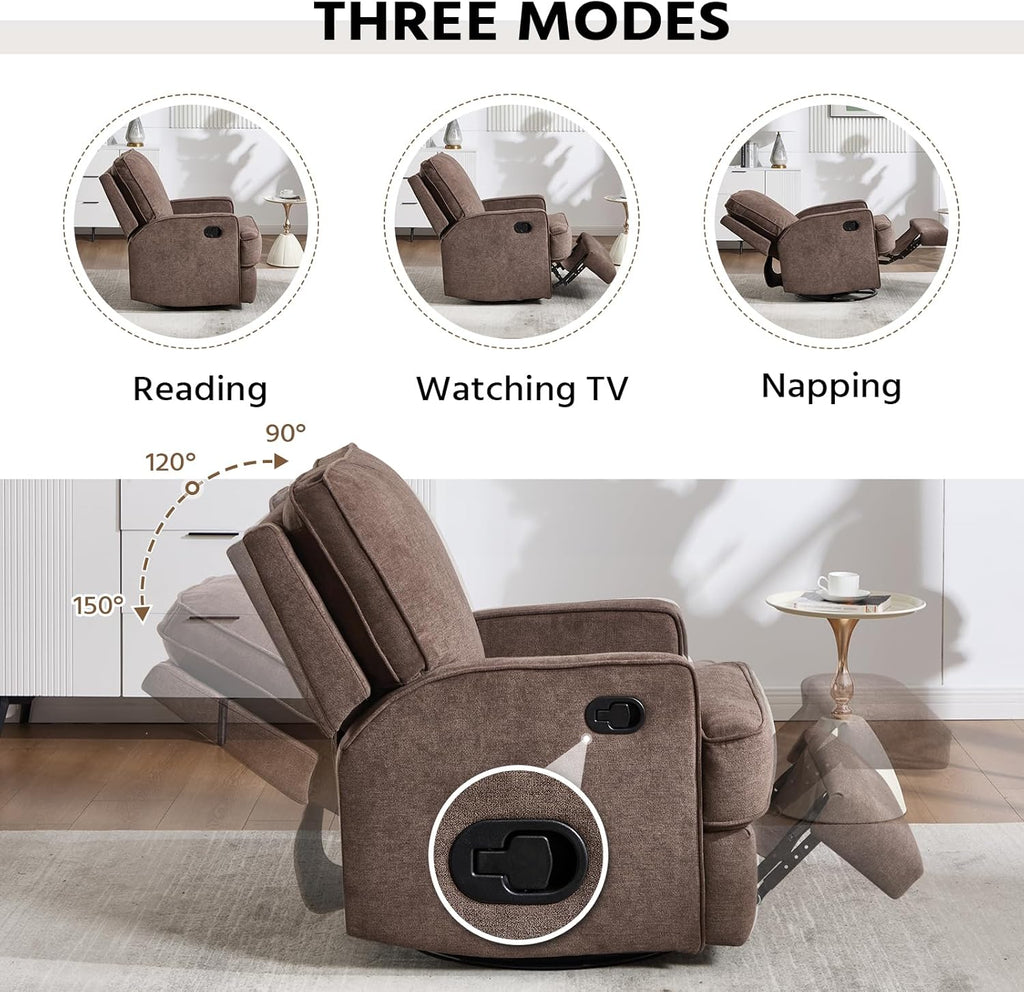 ANJ 360° Swivel Rocker Recliner Chair for Adults, Classic Manual Glider Recliners with Overstuffed Backrest, Upholstered Rocking Reclining Sofa Chair for Living Room, Brown