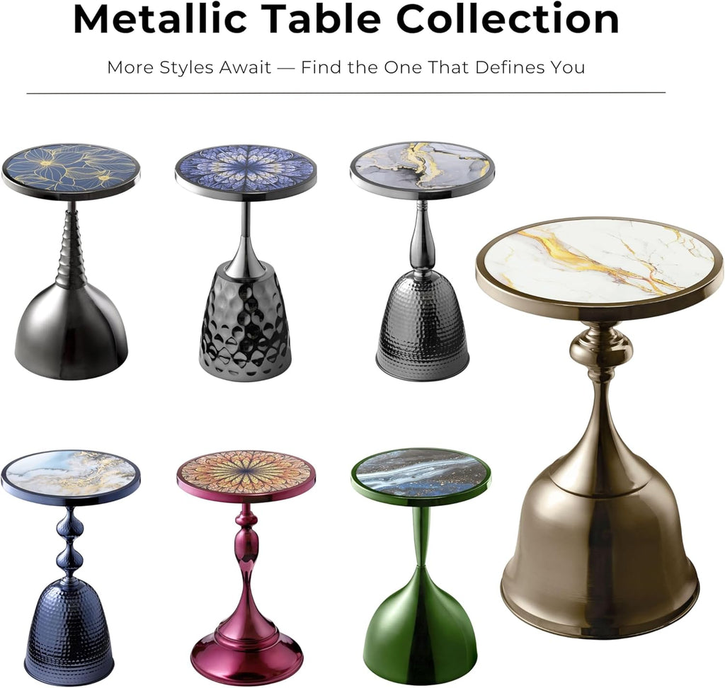 Homes: Inside + Out Halric Modern 25" Tall Round End Table with Decorated Tabletop and Iron Metal Base, Accent Furniture, Elegant Pedestal Stand for Living Room, Home Office, Chrome Blue