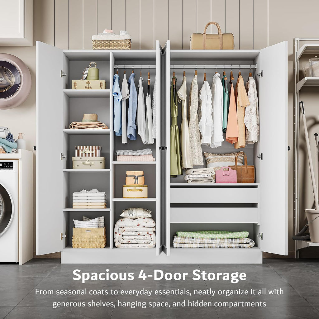 iPormis 4 Doors Armoire Wardrobe Closet with 2 Drawers, 63" Large Wardrobe Cabinet with Removable Hanging Rods and Adjustable Shelves, Closet Storage Cabinet for Bedroom, Cloak Room, White