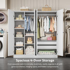 iPormis 4 Doors Armoire Wardrobe Closet with 2 Drawers, 63" Large Wardrobe Cabinet with Removable Hanging Rods and Adjustable Shelves, Closet Storage Cabinet for Bedroom, Cloak Room, White