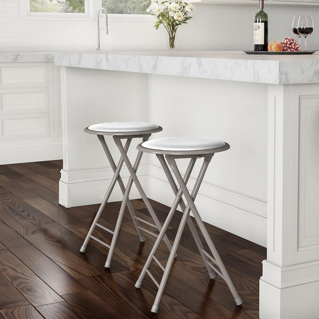 Lavish Home Folding Stool with Padded Backless Seat Set of 2, White, 24” | Counter Height Bar Stools with 225lb Capacity, Portable Indoor & Outdoor, Extra Seat for Kitchen, Rec Room or Camping