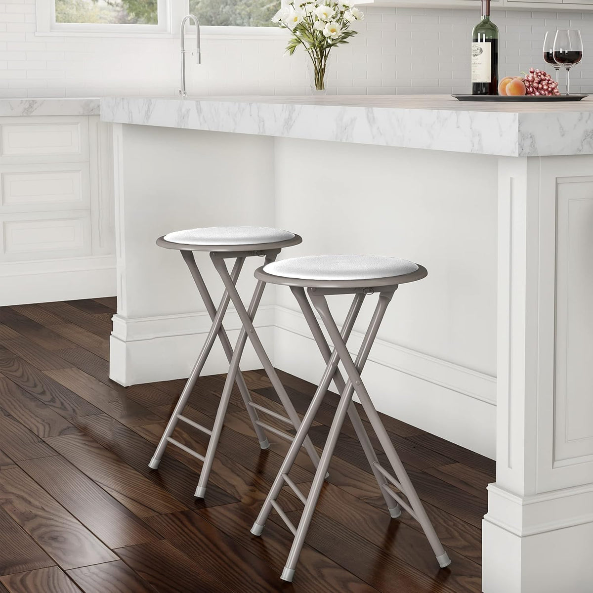Lavish Home Folding Stool with Padded Backless Seat Set of 2, White, 24” | Counter Height Bar Stools with 225lb Capacity, Portable Indoor & Outdoor, Extra Seat for Kitchen, Rec Room or Camping