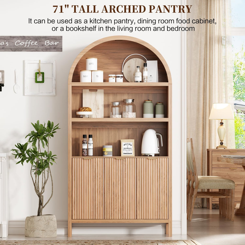 Ieejdn 71.34" Tall Arched Kitchen Pantry,Modern Fluted Wood Storage Cabinet with Doors,Adjustable Shelves,Organizer, Versatile Cupboard for Kitchen,Living Room,Dining Room,Bathroom,Natural
