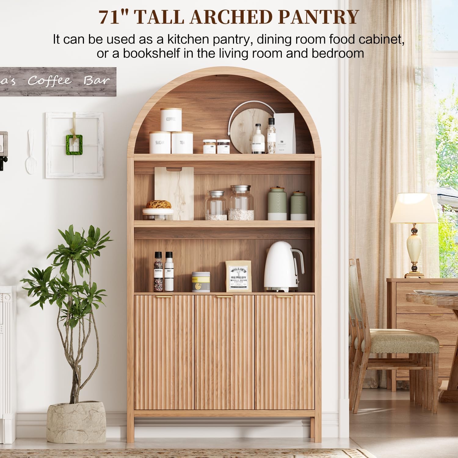 Ieejdn 71.34" Tall Arched Kitchen Pantry,Modern Fluted Wood Storage Cabinet with Doors,Adjustable Shelves,Organizer, Versatile Cupboard for Kitchen,Living Room,Dining Room,Bathroom,Natural