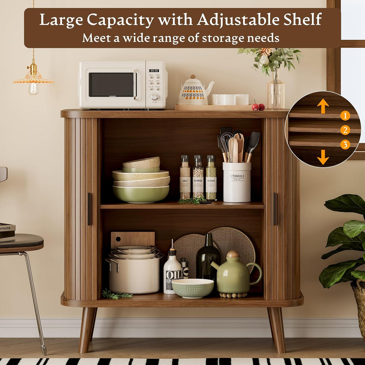 Sideboard Buffet Cabinet with Sliding Door, 31.5" Wide Fluted Modern Accent Storage Cabinet with Adjustable Shelves, Wood Coffee Bar Buffet Console Table for Kitchen, Dining Room, Living Room, Walnut