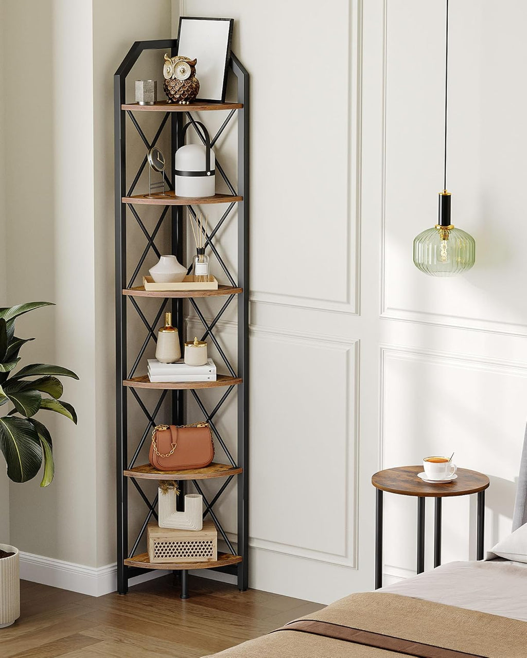 CHOEZON 6-Tier Corner Shelf, Industrial Corner Bookshelf, 71.2" Corner Storage Stand, Plant Stand Display Shelf, Corner Bookcase for Bedroom, Living Room, Home Office, Rustic Brown and Black TCJ11BF