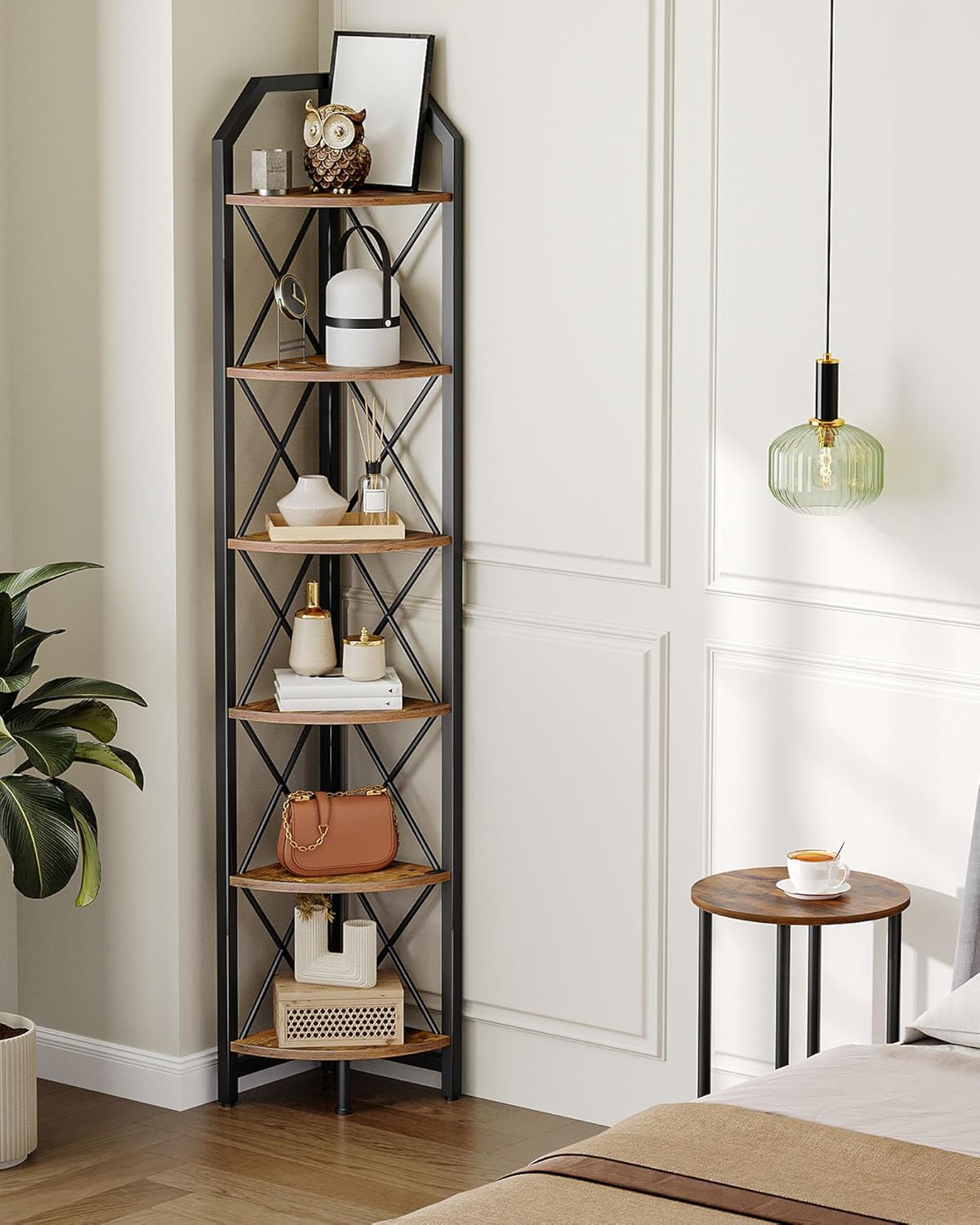 CHOEZON 6-Tier Corner Shelf, Industrial Corner Bookshelf, 71.2" Corner Storage Stand, Plant Stand Display Shelf, Corner Bookcase for Bedroom, Living Room, Home Office, Rustic Brown and Black TCJ11BF