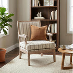 Modern Farmhouse Striped Accent Chair, Wide Upholstered Armchair with Armrest Pads, Coastal French Country Solid Wood Reading Chair for Living Room Bedroom Guest Room, Linen Fabric
