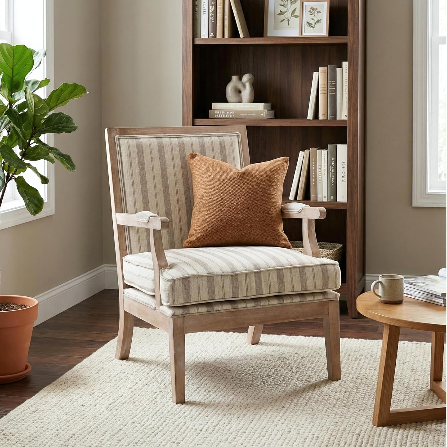 Modern Farmhouse Striped Accent Chair, Wide Upholstered Armchair with Armrest Pads, Coastal French Country Solid Wood Reading Chair for Living Room Bedroom Guest Room, Linen Fabric