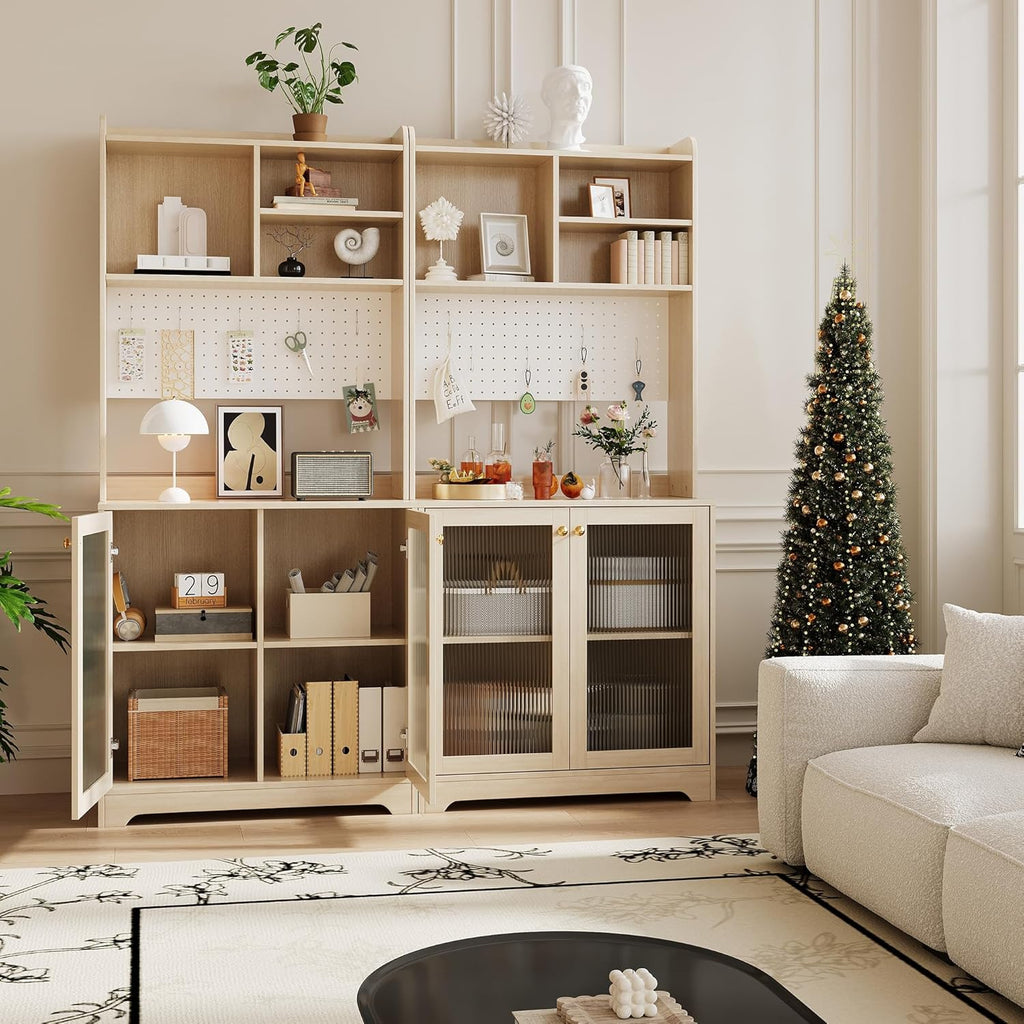 71" Kitchen Pantry Cabinet, Wooden Tall Sideboard Buffet Cabinet with 6 S-shaped Hooks, Pegboard and Hutch, Microwave Stand, Pantry Storage Organizers Coffee Bar for Dining Room or Living Room, Oak
