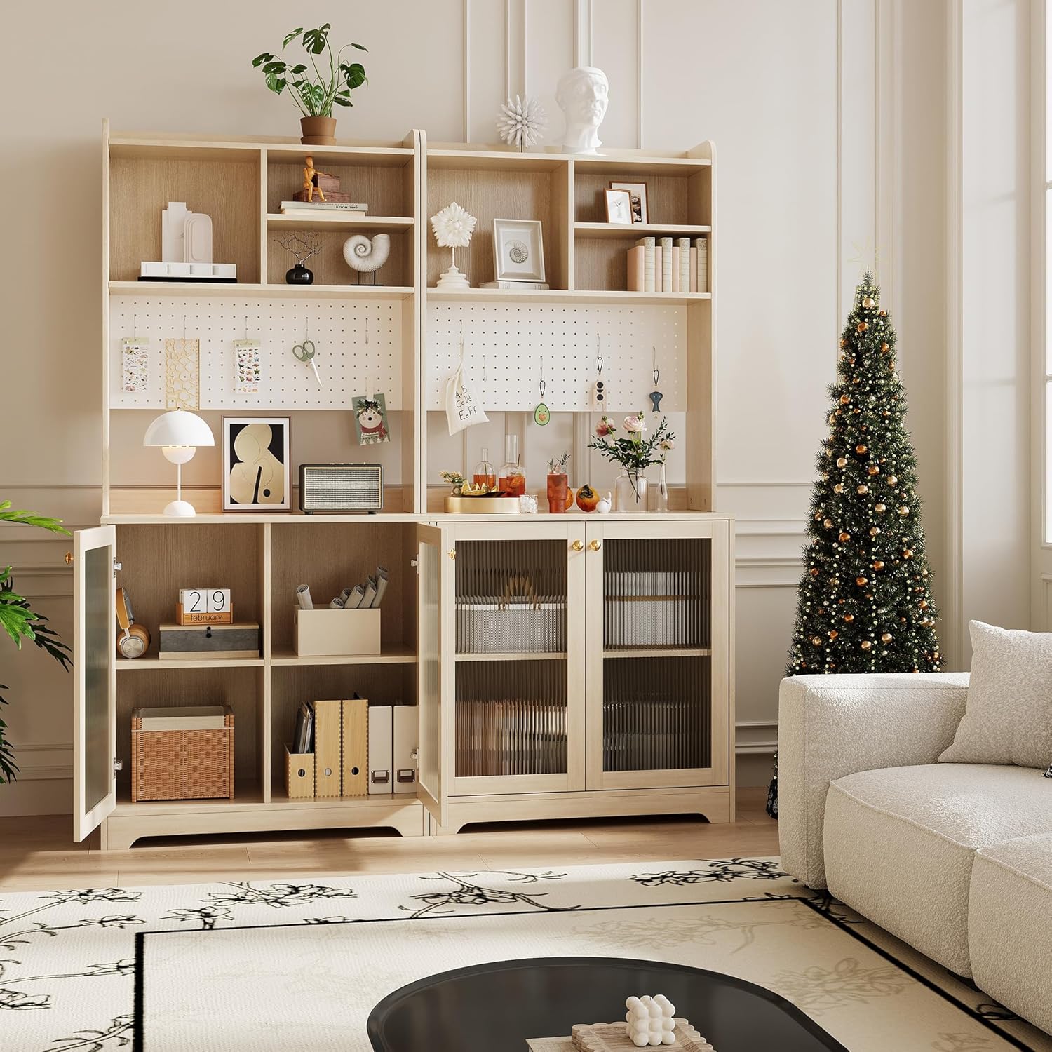 71" Kitchen Pantry Cabinet, Wooden Tall Sideboard Buffet Cabinet with 6 S-shaped Hooks, Pegboard and Hutch, Microwave Stand, Pantry Storage Organizers Coffee Bar for Dining Room or Living Room, Oak