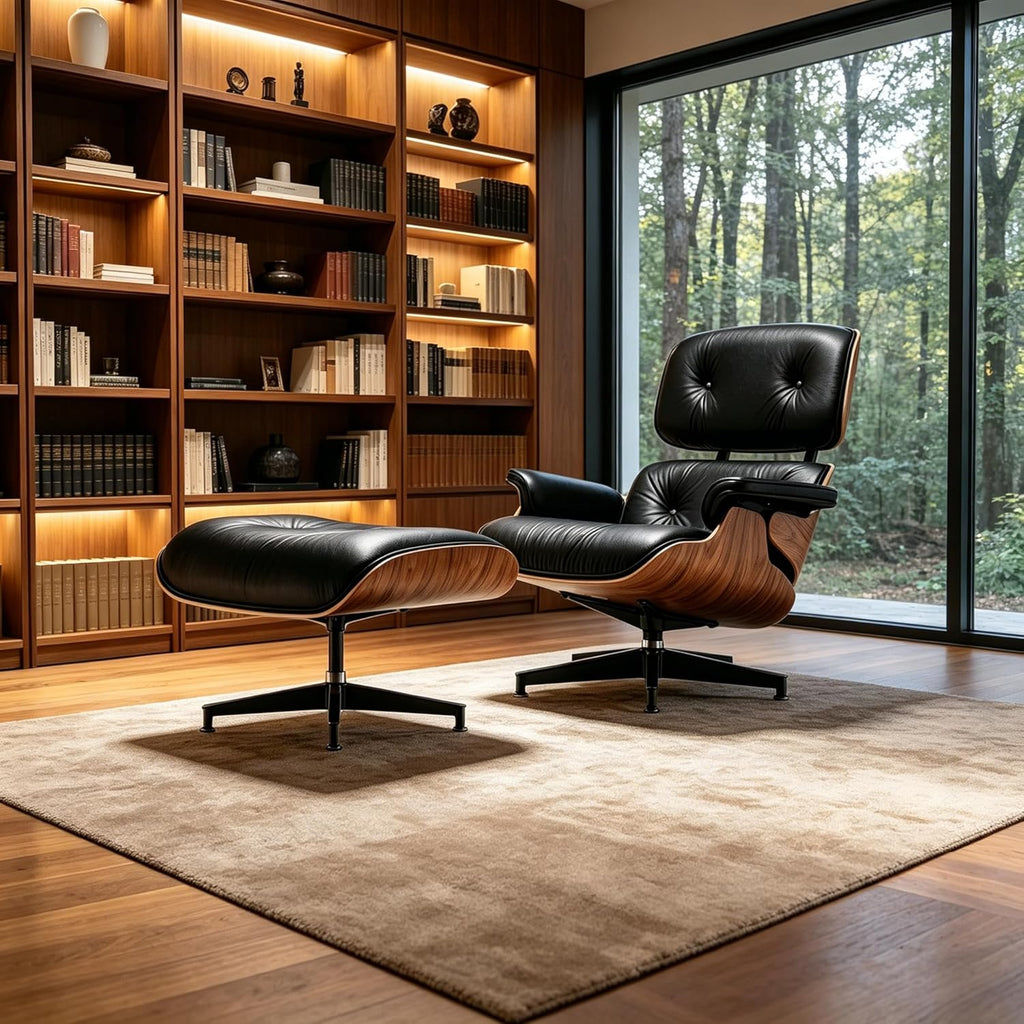 Mid Century Chaise Lounge Chair with Ottoman, Modern Retro Classic Design, PU Leather & Walnut Wood, Heavy Duty Metal Support, Comfortable for Living Room Bedroom Office（Black-Standard）