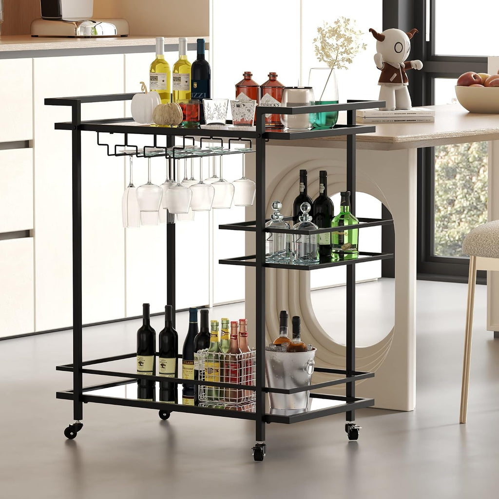 RiteSune Black Bar Carts for The Home, Wine Cart with Wheels | 3 Tier Home Serving Bar Cart Drink Cart with Mirror Shelves for Living Room, Party (28.5" D x 15" W x 32" H)