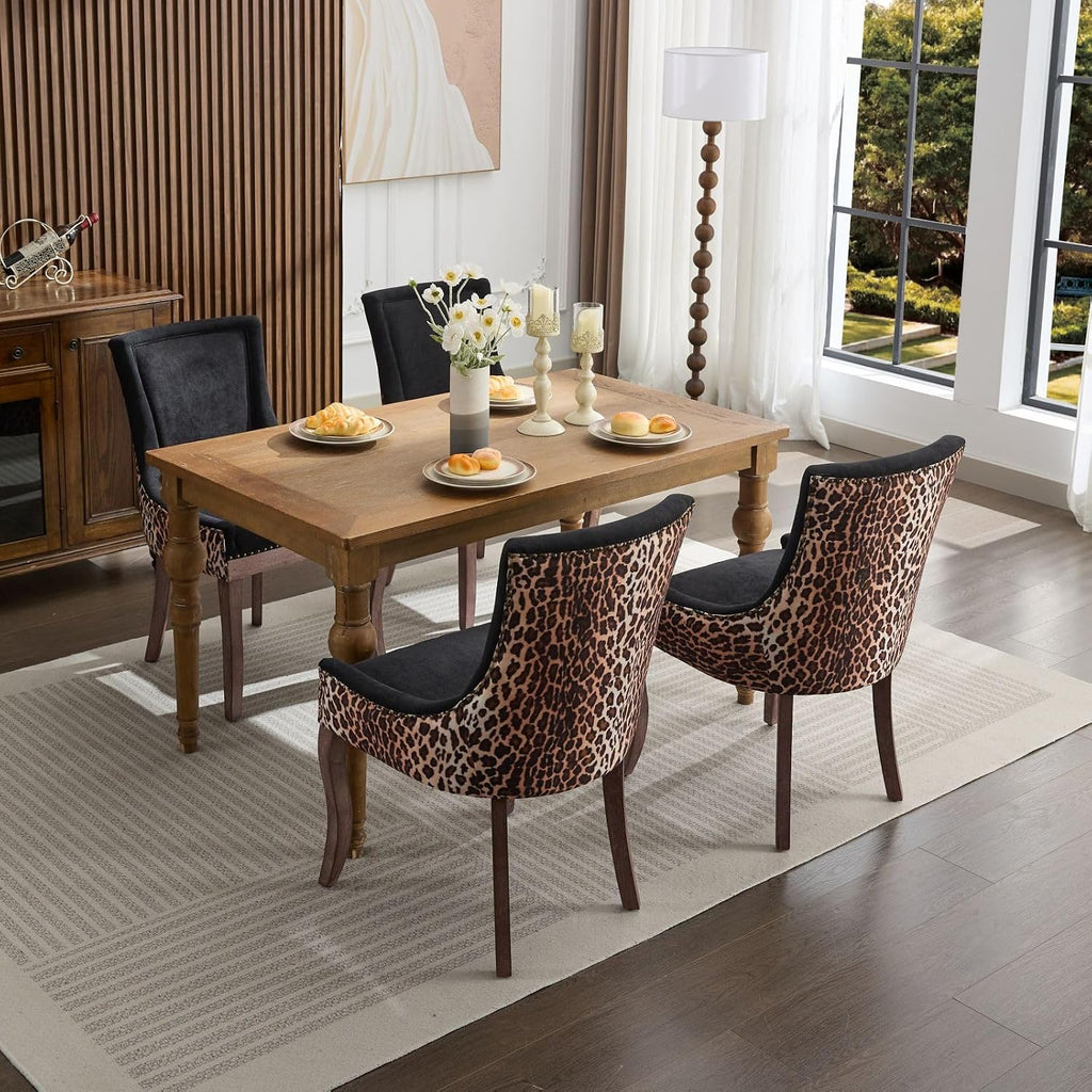 LKTART Upholstered Dining Chairs Set of 2, Solid Wood Kitchen Dining Room Chairs with Thicken Padded and Nailhead Trim for Home Kitchen Bedroom Black and Leopard