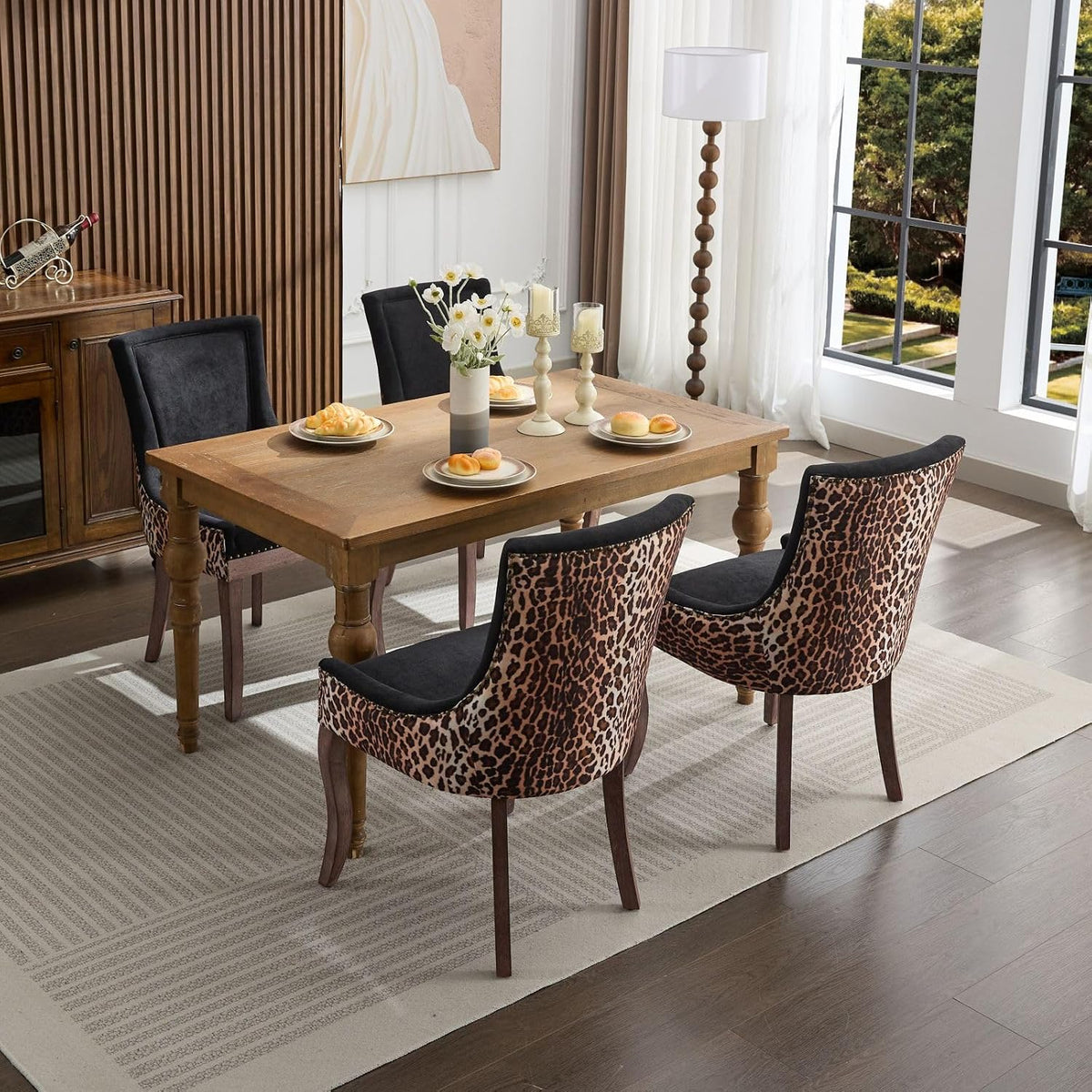LKTART Upholstered Dining Chairs Set of 2, Solid Wood Kitchen Dining Room Chairs with Thicken Padded and Nailhead Trim for Home Kitchen Bedroom Black and Leopard